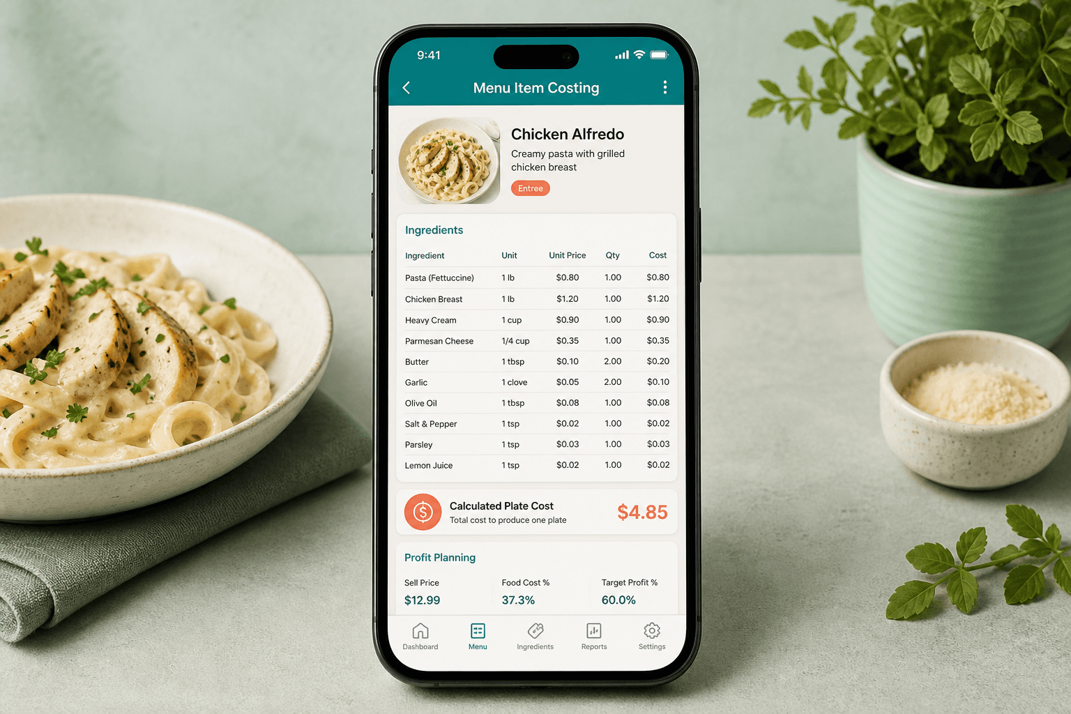 Menu item and recipe costing on a phone